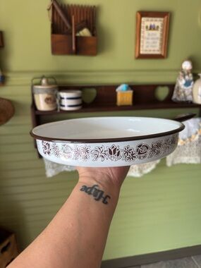 Vintage 1970s  Floral Enamel Skillet - White with Brown Trim